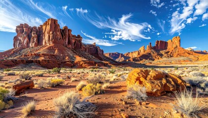 Vast Arid Desert Landscape Under a Clear Blue Sky with Wispy White Clouds and Rugged Red Rock Formations Bathed in Golden Sunlight