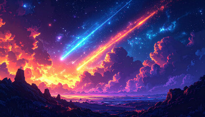 Obraz premium Abstract glowing meteor shower pixelated across night sky, pixel stars, pixel trails, neon gradients of orange, blue and purple, surreal 8-bit cosmic weather, ultra-HD, no text.