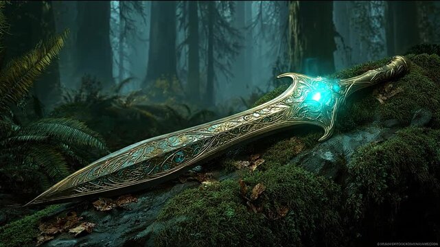 Ornate glowing sword on moss in a forest setting fantasy concept
