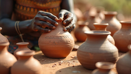 African woman shapes clay pot with hands. She creates traditional ceramic vessel among handcrafted pottery. Natural light illuminates artisan craftwork. Rural heritage shown.