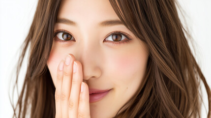 女優のモデル女性が口を押えてコソコソ話をしている顔のアップ写真