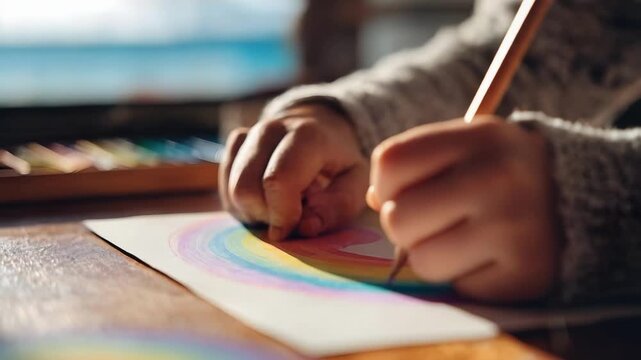 Child coloring a rainbow on paper with colored pencils at a wooden table.