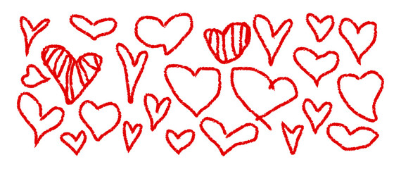 Hand Drawn red Hearts and Scribbles. Grunge Charcoal, Crayon, and Marker Heart Doodles Vector on White Background