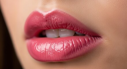 Obraz premium Woman lips with shiny pink lipstick. Close up of beautiful female mouth. Macro shot of cosmetic makeup and beauty product.