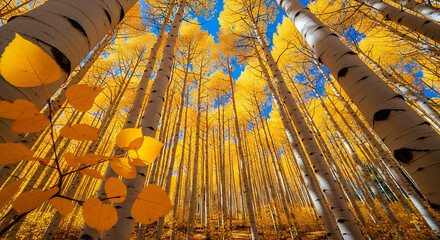 Looking up through a forest of tall aspen trees with yellow leaves and blue sky.