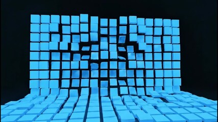 Abstract 3D animation of glowing blue blocks forming a wall. Vertical video of a digital structure being constructed and then disintegrating into chaos. Technology and data fragmentation concept - Powered by Adobe