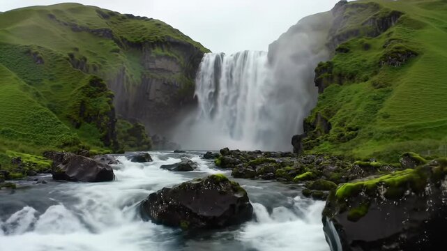 Epic crane video of a majestic waterfall, thundering water over dark basalt cliffs, mossy boulders in foreground, misty green hills, soft light. Concept of raw natural power