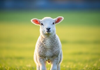 Fototapeta premium A cute white lamb stands in a vibrant green field under soft golden light.