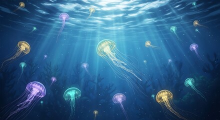 Underwater world teeming with colorful jellyfish in serene ocean scene