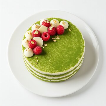A luxurious, three-layer round matcha sponge cake, perfectly frosted with white chocolate ganache, topped with a delicate scattering of edible gold leaf and fresh raspberries. Shot overhead in an imma