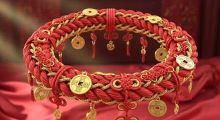 Opulent circular arrangement adorned with traditional chinese decorative elements for wealth and