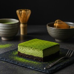 baked matcha cheesecake with a dark biscuit crust, presented on a rustic slate board. A small matcha tea bowl and whisk are artfully blurred in the background.