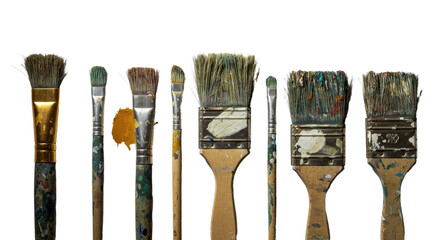 Set of used paintbrushes with paint stains isolated on white background, perfect for art and painting projects