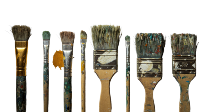 Set of used paintbrushes with paint stains isolated on white background, perfect for art and painting projects