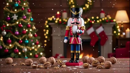 Wooden Nutcracker dances on a table with nuts, surrounded by decorated Christmas tree, fireplace with fire, garlands and stockings, snow falling, cinematic video - Powered by Adobe