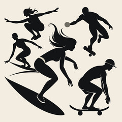 Obraz premium Dynamic silhouettes of surfers and skateboarders in action poses