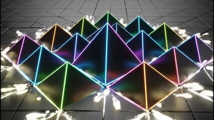 Glowing neon pyramids rise in a futuristic abstract animation. Vertical 3D motion graphics background. Digital energy reveal effect - Powered by Adobe