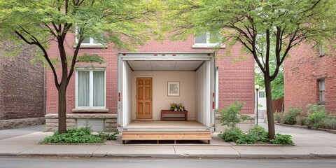 A moving truck outside a foreclosed home during eviction