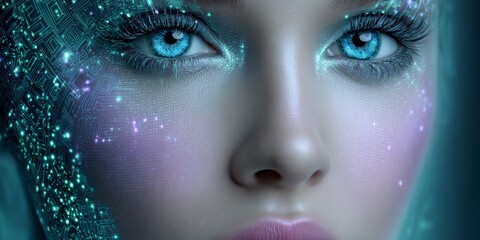 A neon-lit digital forum where avatars from different worlds share language and culture