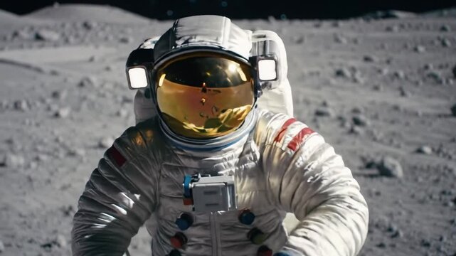 A solitary astronaut in a gleaming white emu spacesuit with a gold-tinted visor takes heavy steps and kneels on a barren, cratered lunar regolith against an infinite black void, space exploration
