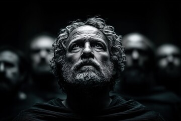Dramatic scene of a man with curly hair and beard, gazing upward, surrounded by shadowy figures in a dark setting