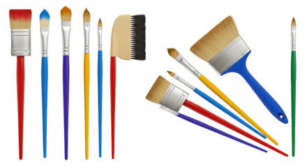 Set of various paint brushes with different shapes and sizes isolated on white background, ideal for artists and painting projects