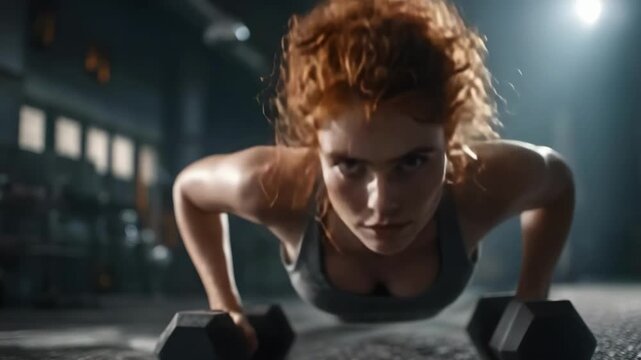 A woman in a gym performing weighted push-ups with dumbbells, with an intense, focused expression.