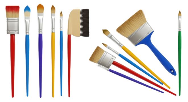 Set of various paint brushes with different shapes and sizes isolated on white background, ideal for artists and painting projects - Powered by Adobe