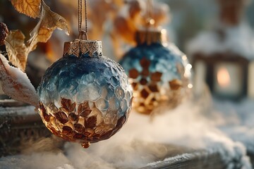 Beautifully crafted glass ornaments hanging in a winter wonderland with a soft, frosty background
