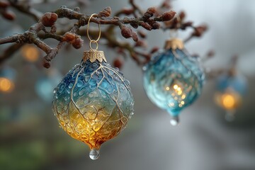 Colorful glass ornaments hang from branches in a foggy setting during early evening
