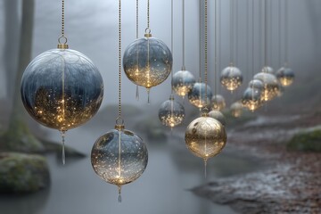 Decorative hanging ornaments glow gently over a tranquil forest stream on a misty winter morning