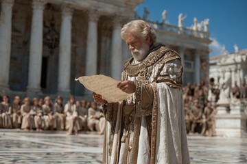 Elderly man reading ancient scroll in grand Roman setting surrounded by observers