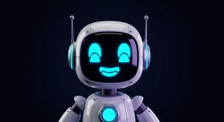 Cute and friendly robot character design with glowing blue features on a dark background