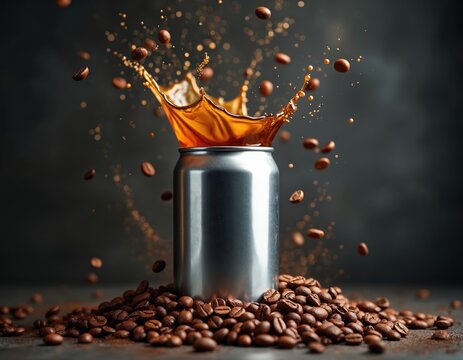 Metallic can with coffee splash and roasted beans. Dark backdrop enhances rich aroma, energy boost drink. Modern beverage refreshment, morning pick-me-up.