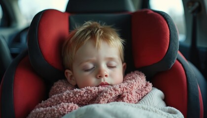 Close up of little child sleeping soundly in red car. Redhead infant rests cozy, wrapped in fluffy pink blanket. Baby naps safely in vehicle on family road trip. Toddler dreams peacefully, calm,
