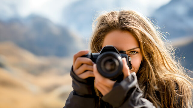 woman taking photo with DSLR camera