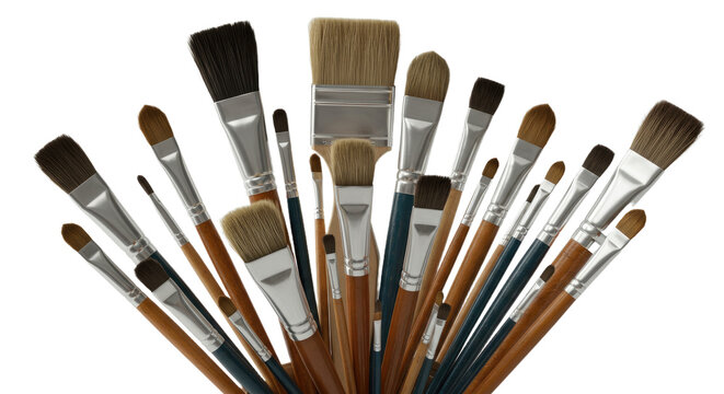Set of various paintbrushes with wooden handles and different brush shapes and sizes for painting and art projects, ideal for artists and creatives