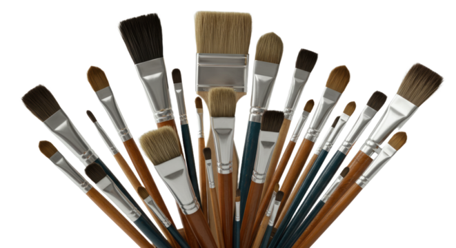 Set of various paintbrushes with wooden handles and different brush shapes and sizes for painting and art projects, ideal for artists and creatives