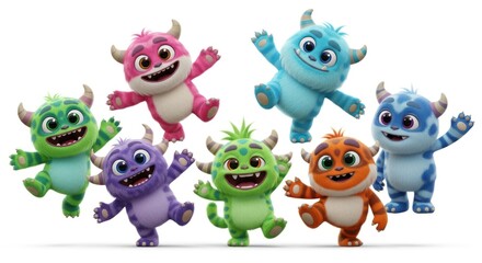 Naklejka premium Cheerful array of colorful cartoon monsters expressing joy and exuberance in playful poses