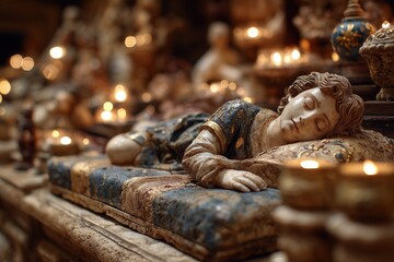 Antique figurine of a sleeping child surrounded by warm candlelight in a tranquil setting