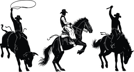 Western cowboy rodeo silhouettes riding horse and bull, lasso action, wild west culture, traditional ranch lifestyle, cowboy competition art illustration