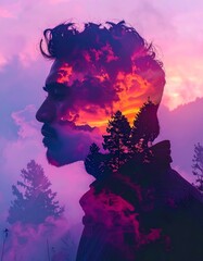 Double exposure silhouette of a man's profile and a forest with a beautiful misty sunset