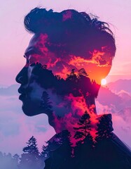 Double exposure silhouette of a man's profile and a forest with a beautiful misty sunset