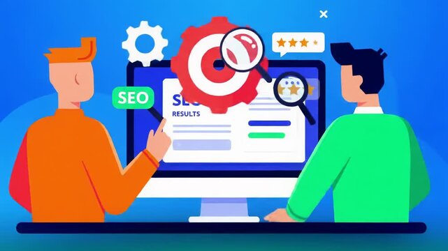 Vibrant 2D vector animation of two stylized young men in orange, green at a monitor with SEO results and animated marketing elements. Digital strategy concept.