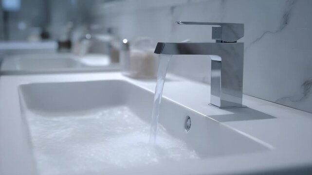 A modern bathroom sink with a square chrome faucet and water flowing into it.