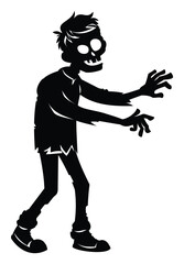 Spooky black silhouette of a classic zombie reaching out with ragged clothes and vacant, dead eyes. Vector cartoon illustration