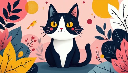 Black, white cat sits in front of vibrant abstract floral, geometric background. Cat yellow eyes, pink cheeks. Colourful leaves, birds surround cat. Modern illustration style. Cute cartoon animal