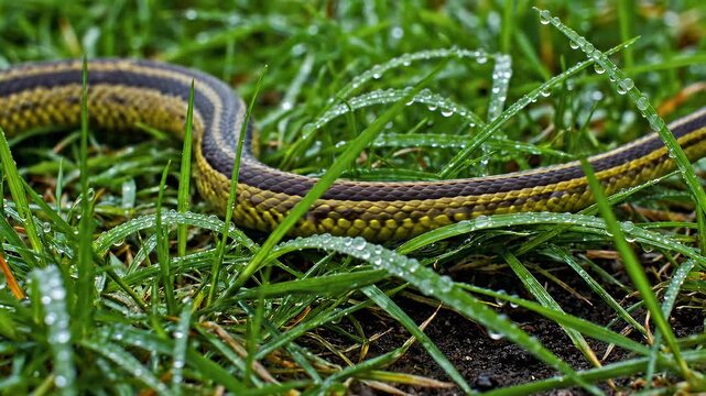 A close-up shot of a snake slithering through green grass covered in water droplets
