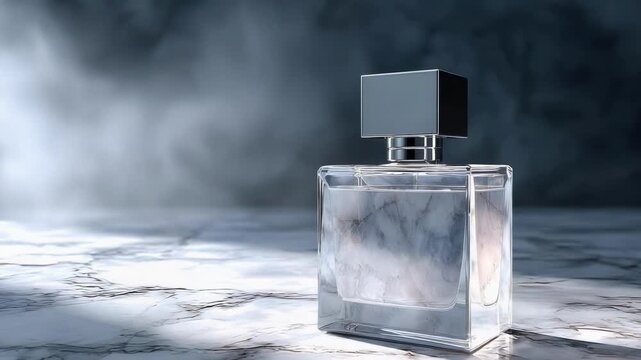 A square glass perfume bottle with a dark cap sits on a marble surface, against a smoky background.