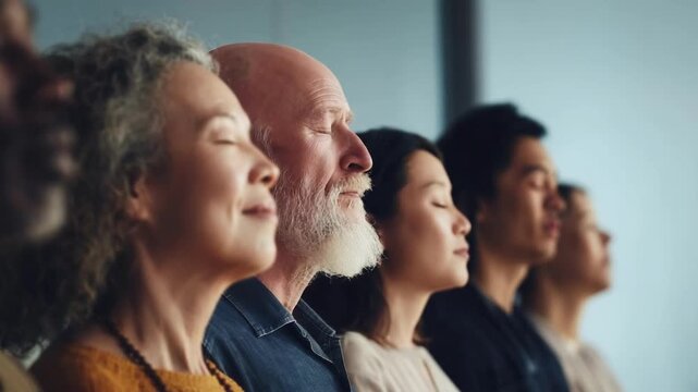 Diverse adults standing in a row with their eyes closed, appearing calm and meditating or listening.
